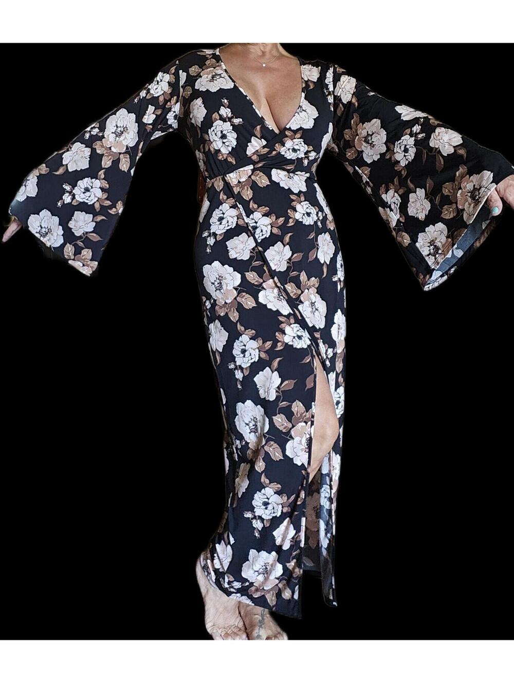 Venus Fall Floral Print Kimono Dress #Z228710,Black Multi